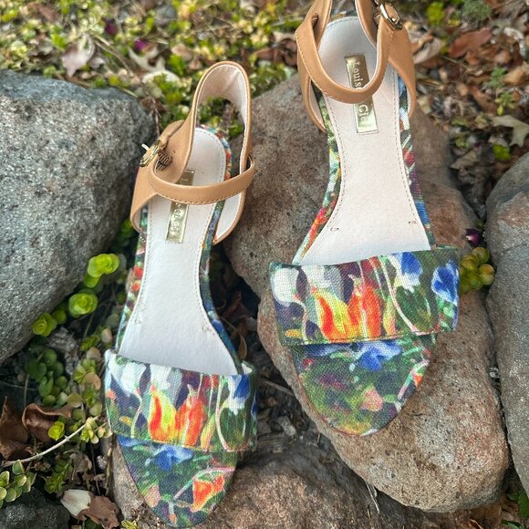 Louise et Cie Shoes - Louise et Cie Floral Wedge Heels | Gold Heel Leather Ankle Strap Sandals Size 6